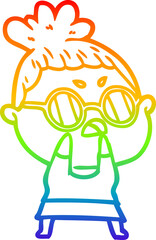 rainbow gradient line drawing of a cartoon annoyed woman