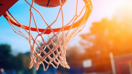 A basketball ball is being launched at a basketball hoop, in the style of contrasting,