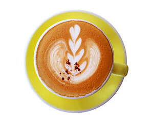 Cup of cappuccino coffee with latte art isolated on transparent background, PNG file