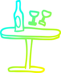 cold gradient line drawing of a cartoon table with bottle and glasses