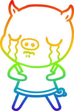 recommend clip art: rainbow gradient line drawing of a cartoon pig crying