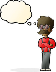 cartoon hipster man with mustache and spectacles with thought bubble