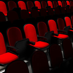 Empty Red Velvet Theater Seats Arranged in Rows in Dark Auditorium