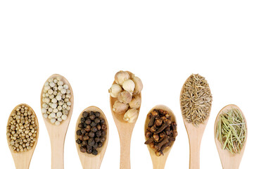 Assortment of Spices in Wooden Spoons	Isolated on Transparent Background, PNG File