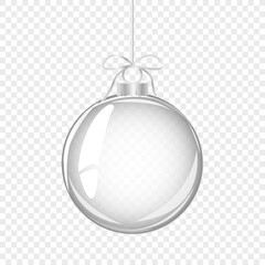 Glass Christmas ball with bow. Element of holiday decoration. Vector object for christmas design, mockup, postcard, invitation, poster, banner