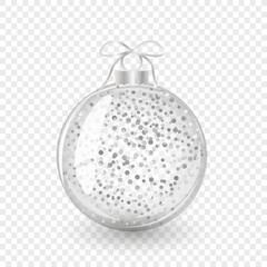 Glass Christmas ball with gray glitter. Element of holiday decoration. Vector object for christmas design, mockup, postcard, invitation, poster, banner