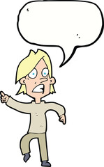 cartoon worried man pointing with speech bubble
