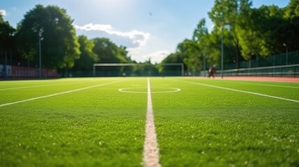 Fototapeta premium Close-up of the running track on the playground with green lawn beside it, the playground visible in the background.