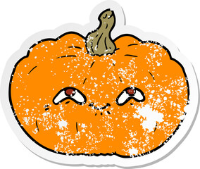 distressed sticker of a happy cartoon pumpkin