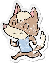 distressed sticker of a friendly cartoon wolf