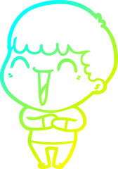 cold gradient line drawing of a cartoon happy man