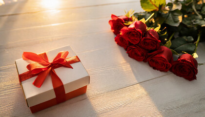 Romantic sunset ambiance frames a table adorned with a gift box and roses, evoking love and warmth...