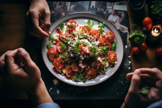 Blogger showcasing delectable dishes and culinary creations, Stylishly presented meals, food markets, or cooking scenes, Focus on food textures, colors, aesthetically pleasing