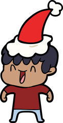 hand drawn line drawing of a laughing boy wearing santa hat