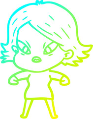 cold gradient line drawing of a cartoon stressed woman