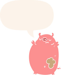 cartoon fat pig with speech bubble in retro style