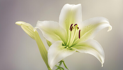 closeup of a white lily flower with water drops isolated with soft background