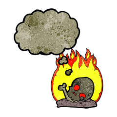 cartoon burning old bones with thought bubble