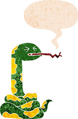 cartoon hissing snake with speech bubble in grunge distressed retro textured style