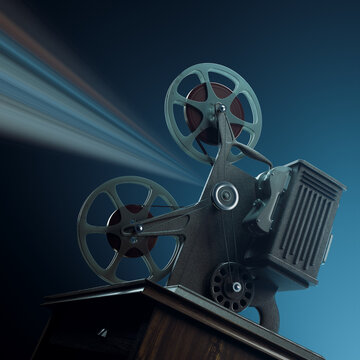 Classic Film Projector Casting Beam in Dark Room Echoes of Cinematic Past