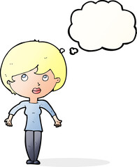 cartoon woman shrugging shoulders with thought bubble