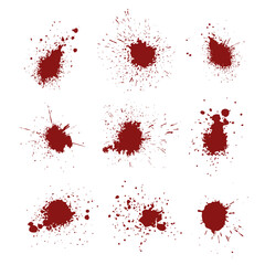 Red blood spot with drops set. Paint ink stains, blots, splashes and splatters. Vector abstract dirty marks, grunge liquid texture