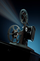 Obraz premium Nostalgic Vintage Film Projector Casting Illuminated Light Rays in Darkness