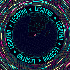 Lesotho on globe. Satellite view of the world centered on Lesotho. Bright neon style. Futuristic radial bricks background. Elegant vector illustration.