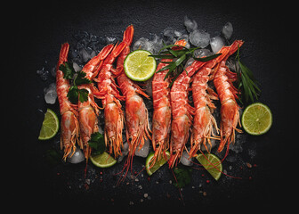 Langoustines, Australian, freshly frozen on ice, top view, lime and greens,