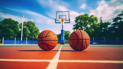 Outdoor basketball court, there are two basketball racks on the court, one side has a red basketball, 