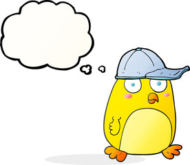 freehand drawn thought bubble cartoon bird in cap