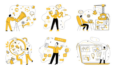 Creative solutions vector illustration. The creative solutions metaphor paints portrait business success and innovation Contemplation ignites spark brainstorming, giving birth to inventive ideas