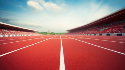 Red running track at stadium, my view from the start of a 100 metres race. all is blurred outside of 10 meters. - obrazy, fototapety, plakaty
