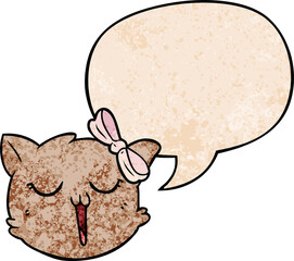 cartoon cat face with speech bubble in retro texture style