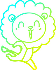 cold gradient line drawing of a laughing lion cartoon running