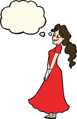 cartoon pretty woman in dress with thought bubble