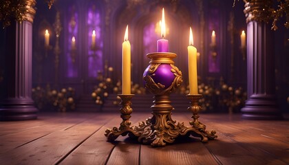Kerzen mit heller Flamme in barocken Kerzenhalter in Nahaufnahme auf einen alten Holzboden vor barocker Architektur und Beleuchtung im Hintergrund und weichen Licht fast weihnachtlich