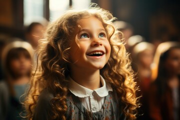 Obraz premium Learning Euphoria Realism Capturing the Joy of Schoolgirl at the Blackboard Generative AI