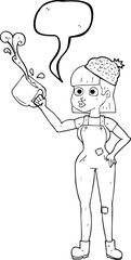 freehand drawn speech bubble cartoon female worker with coffee mug
