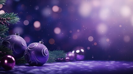 Christmas background with purple baubles and fir branches on snow.