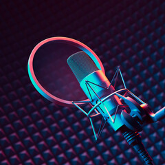 High-Quality Studio Recording Microphone with Pop Filter in Neon Lights