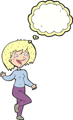 cartoon laughing woman with thought bubble