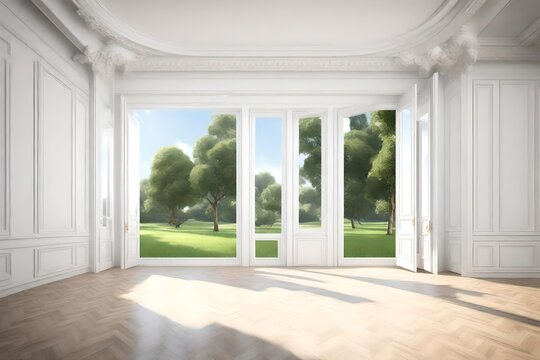 3D,Modern luxury classical style empty white room 3d render,overlooking green lawn and garden