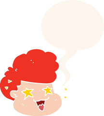 cartoon excited boy with speech bubble in retro style