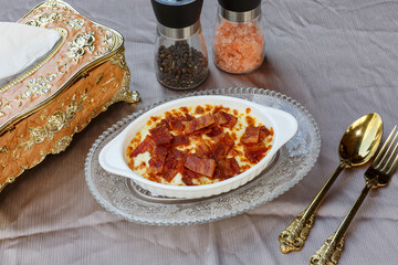 Mac and Cheese Bacon in a baking dish.