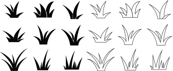 Black flat Lawn grass Icons Set. Cartoon of plants and shrub for boarding and framing, eco and organic logo elements. Spring field planting shape lawn or garden editable stock, Transparent background.