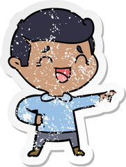 distressed sticker of a cartoon laughing man pointing