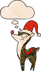 cartoon christmas reindeer with thought bubble in grunge texture style