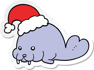 sticker of a cartoon christmas walrus
