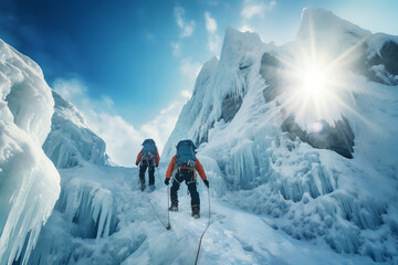 Adventurous ice climbers ascending steep frozen cliffs - engaging in a challenging and...